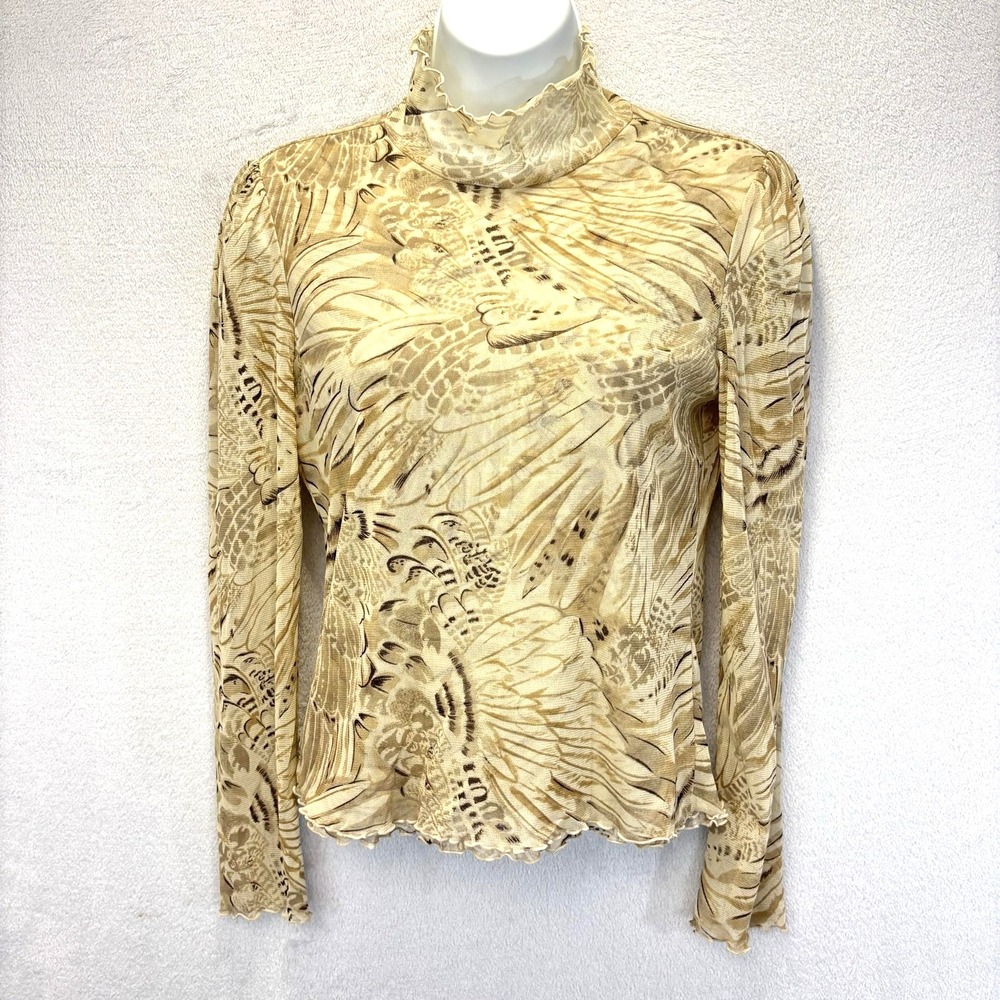 Y2K The Limited Mesh Mock Neck Top Womens Small Beige Animal Long Sleeve Sheer